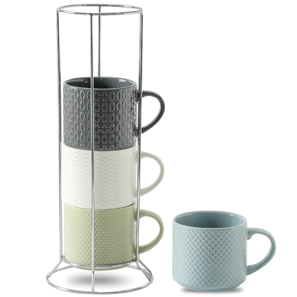 HASENSE Embossed Coffee Mugs (Set of 4), 12 oz, Multicolor