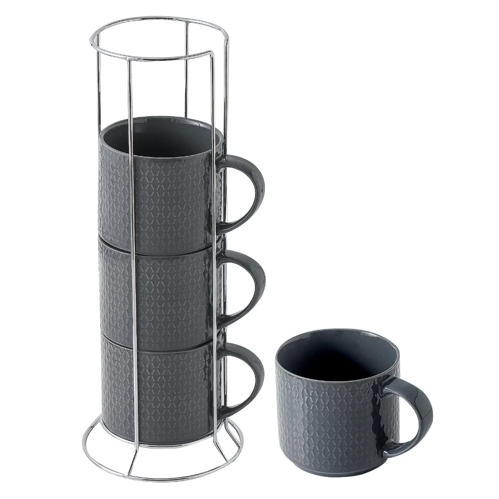 HASENSE Embossed Mug Set with Stand (Set of 4), 15 oz, Gray