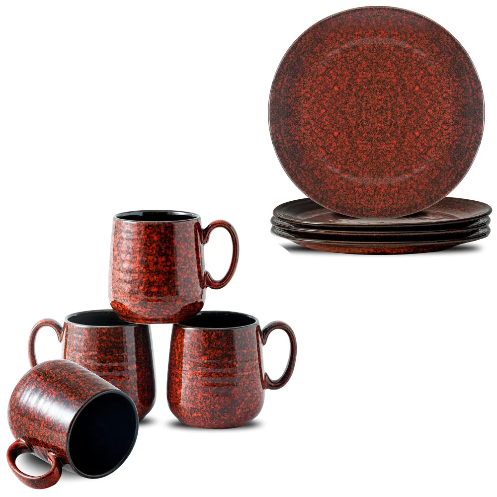HASENSE Marbled Plate & Mug Bundle (Set of 8), Red