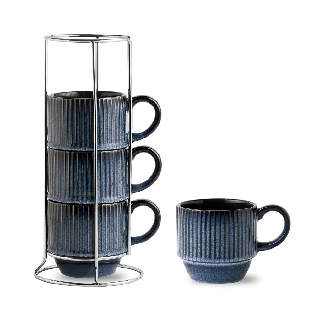 HASENSE Ribbed Mug Set with Stand (Set of 4), 12 oz, Navy