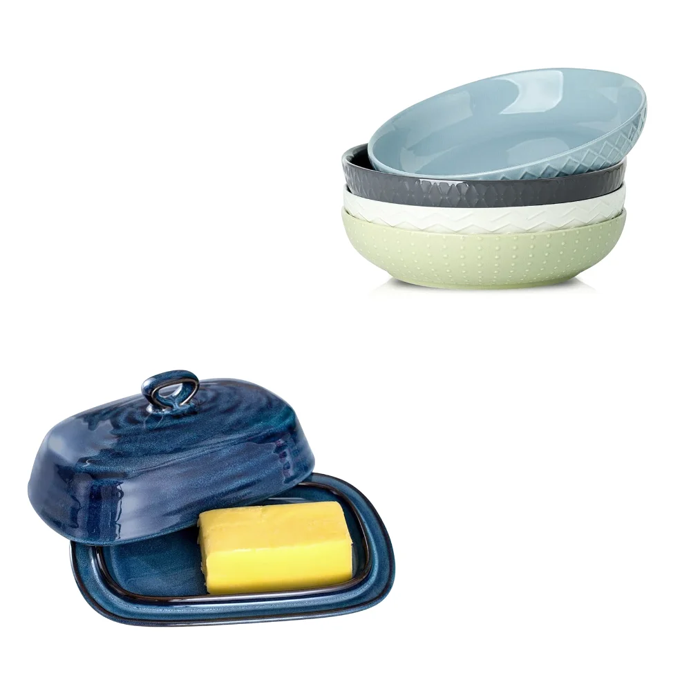 HASENSE Bowl & Butter Dish Bundle, 42 oz, Blue