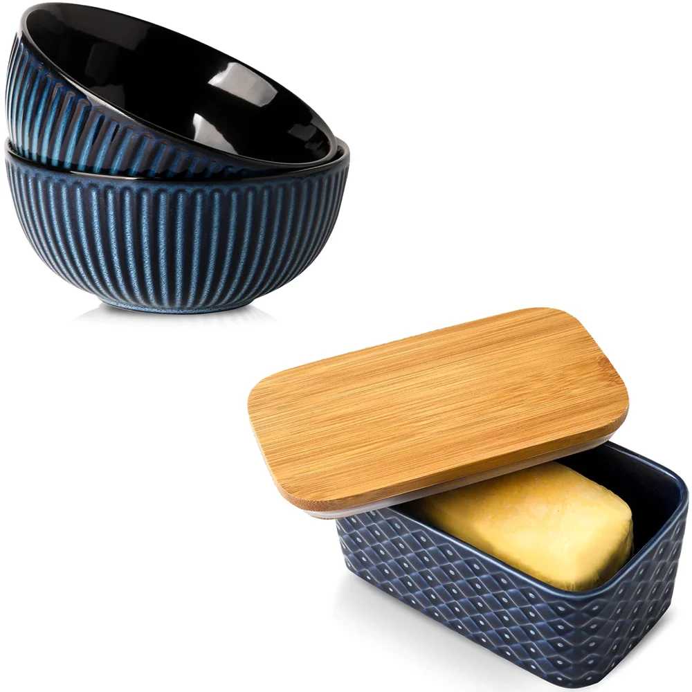 HASENSE Butter Dish & Bowl Bundle (Set of 2), 8 in, Navy Blue
