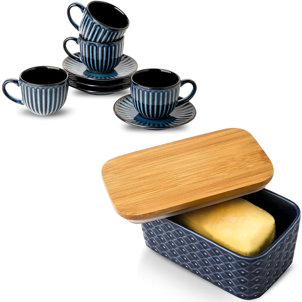 HASENSE Butter Dish & Espresso Cup Bundle (Set of 4), 6 oz, Navy Blue