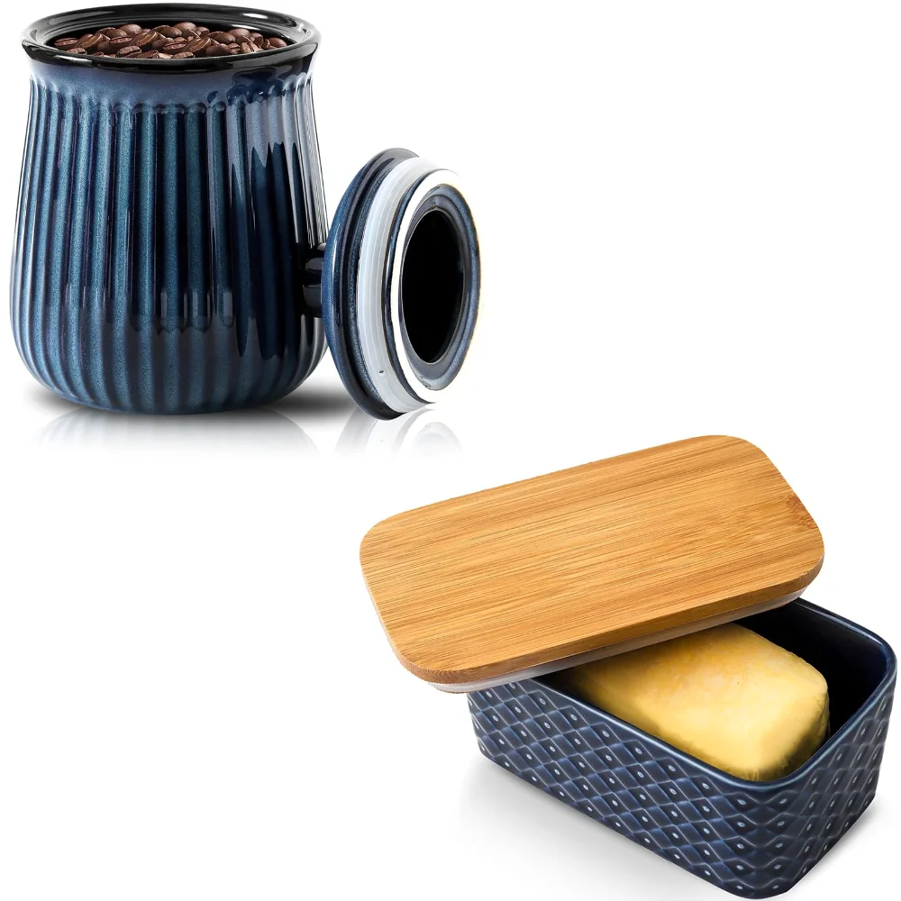 HASENSE Butter Dish & Storage Jar Bundle (Set of 2), 88 oz, Navy Blue