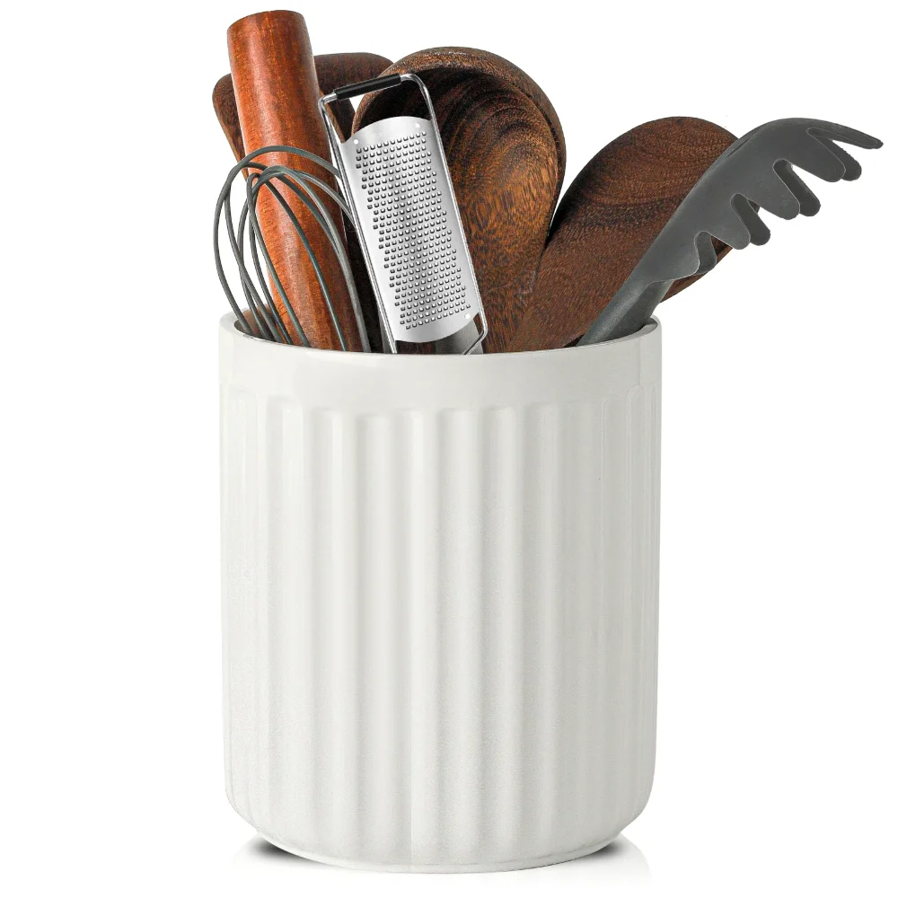 HASENSE Farmhouse Utensil Crock, 7.3 in, White