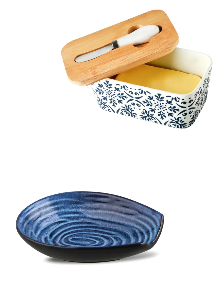 HASENSE Floral Butter Dish & Spoon Rest Bundle, Blue