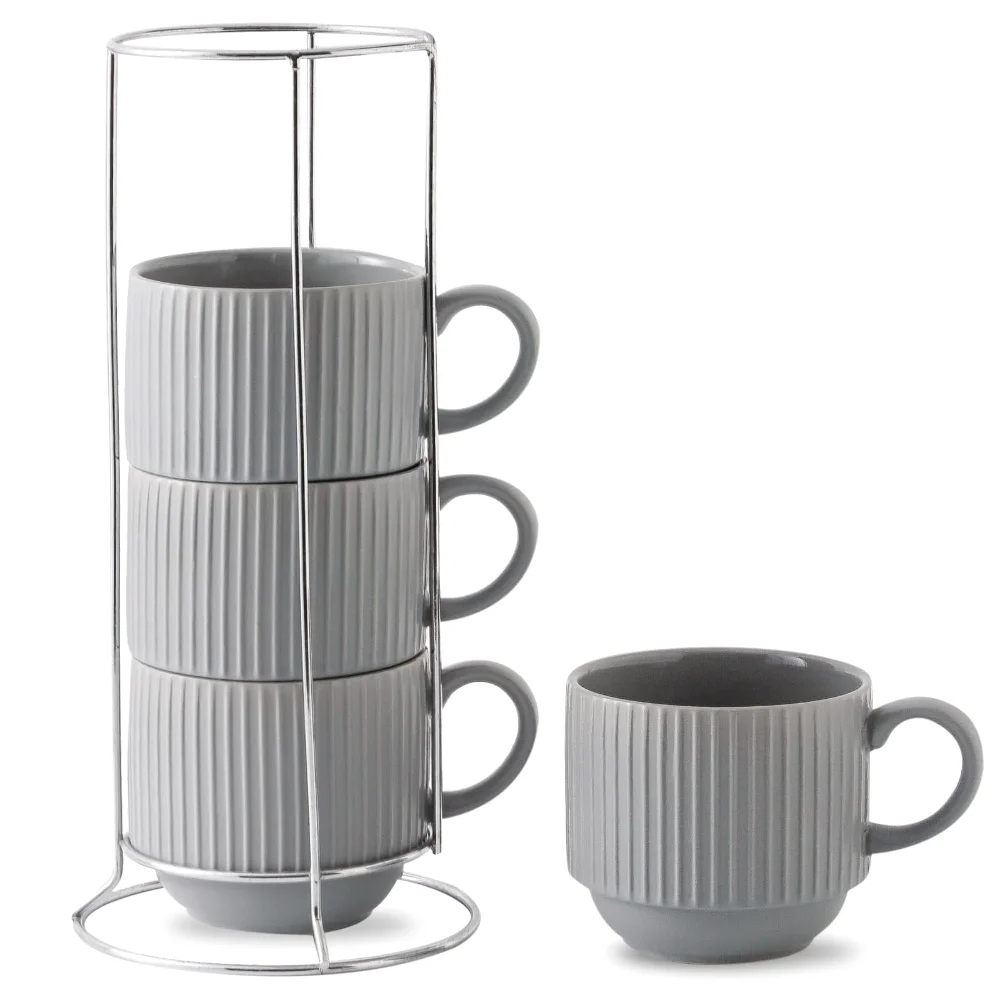 HASENSE Ribbed Coffee Mugs (Set of 4), 15 oz, Grey