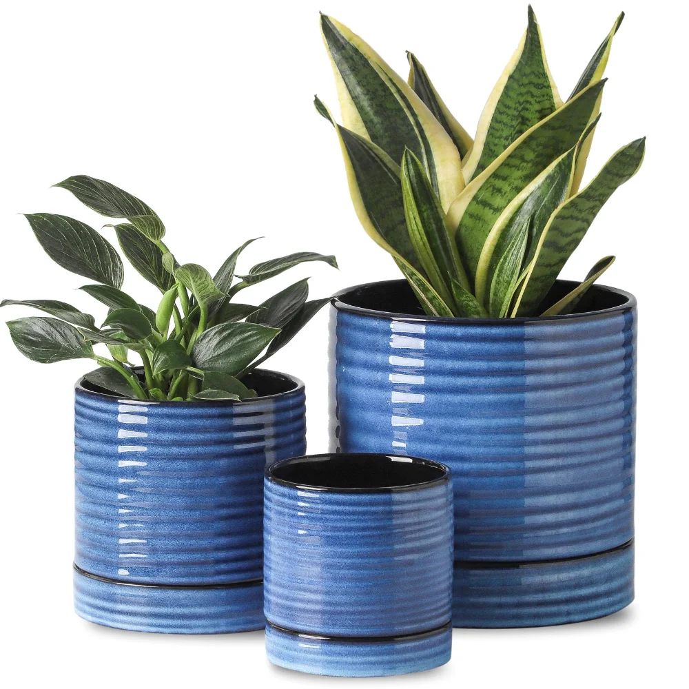 HASENSE Reactive Glaze Plant Pot (Set of 3), 4.6 in, Blue