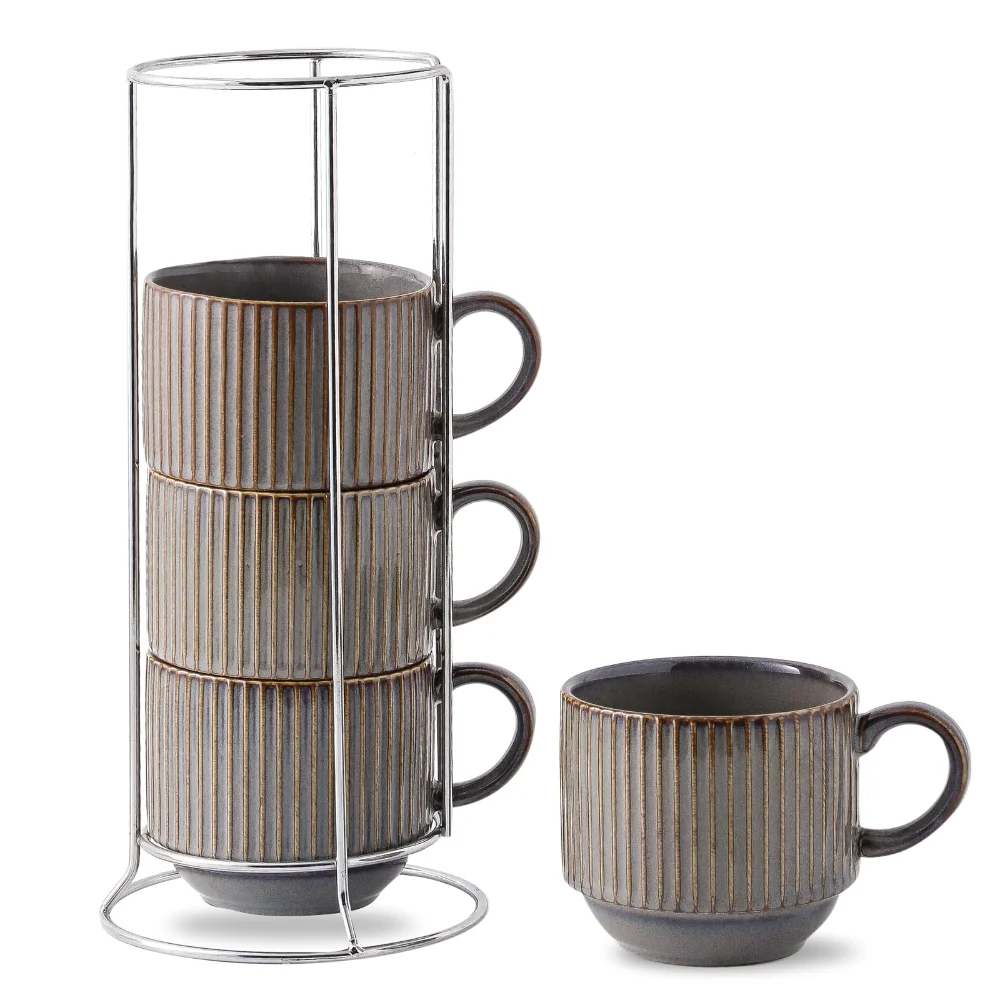HASENSE Ribbed Coffee Mugs (Set of 4), 15 oz, Brown