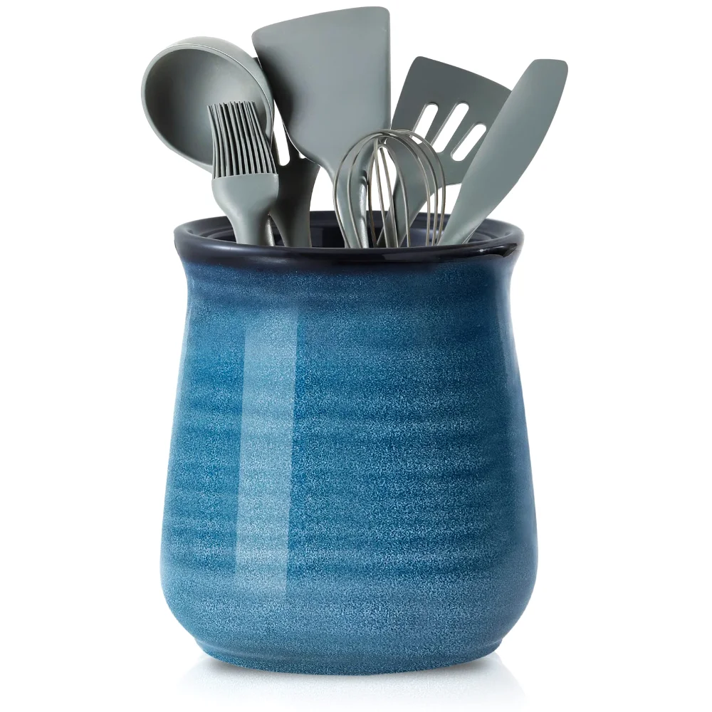 HASENSE Farmhouse Utensil Crock, 7.1 in, Blue
