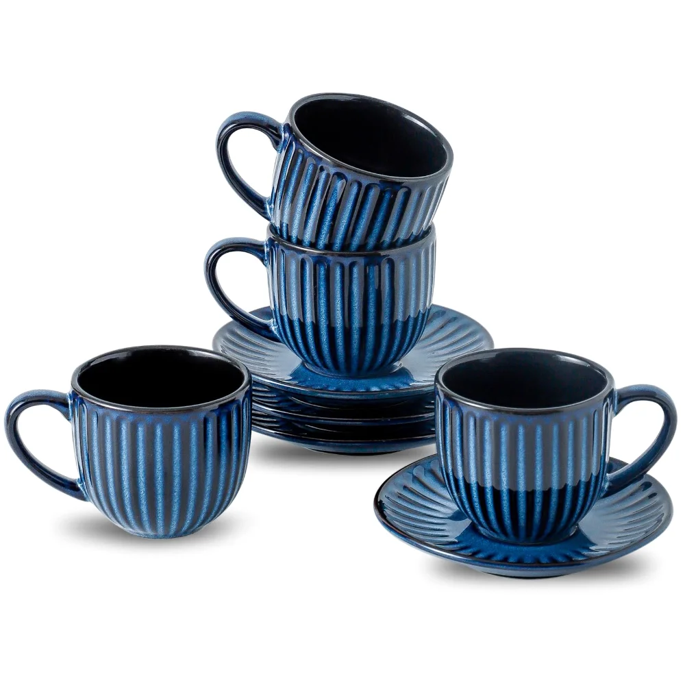 HASENSE Ribbed Cappuccino Cups & Saucers (Set of 4), 6 oz, Blue