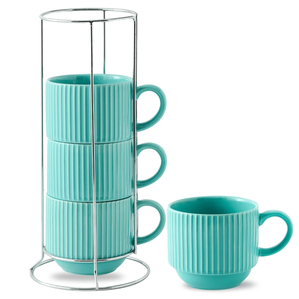 HASENSE Ribbed Mug Set with Stand (Set of 4), 15 oz, Turquoise