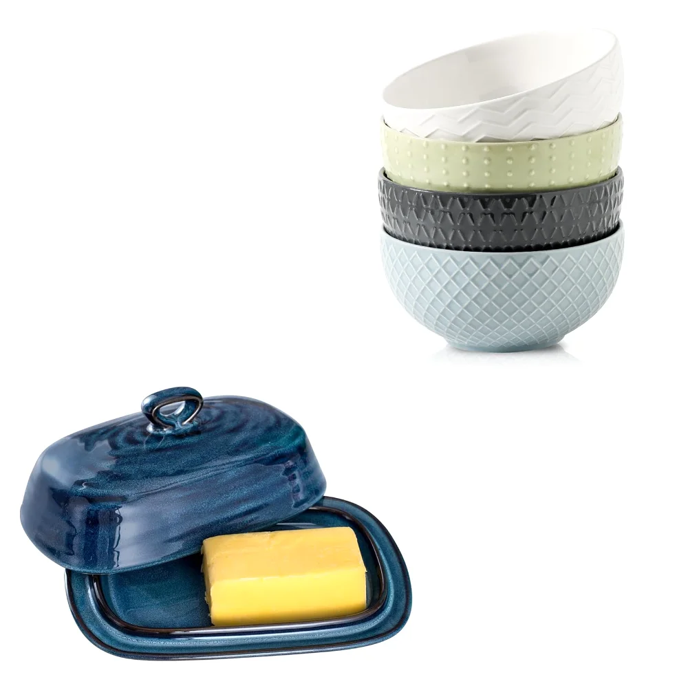 HASENSE Bowl & Butter Dish Bundle (Set of 4), 26 oz, Blue