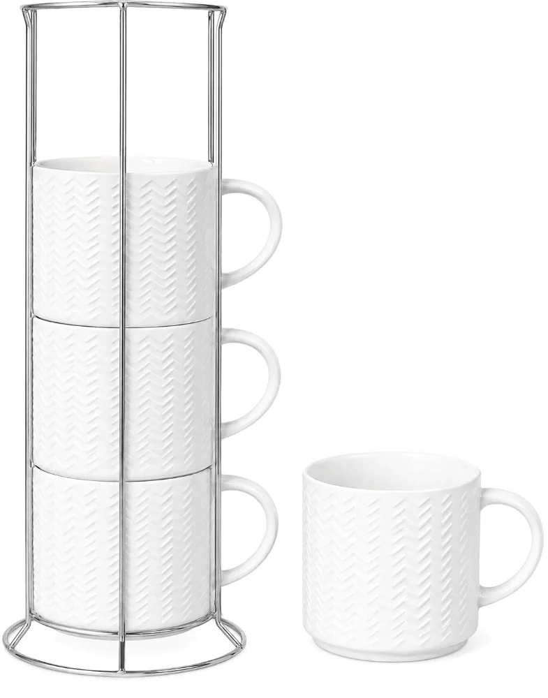 HASENSE Embossed Mug Set with Stand (Set of 4), 15 oz, White
