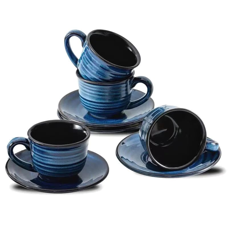 HASENSE Espresso Cups & Saucers (Set of 4), 4 oz, Navy Blue
