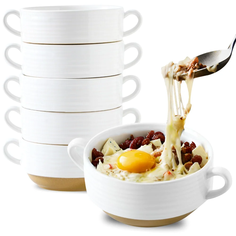 HASENSE Farmhouse French Onion Soup Bowls (Set of 6), 20 oz, White