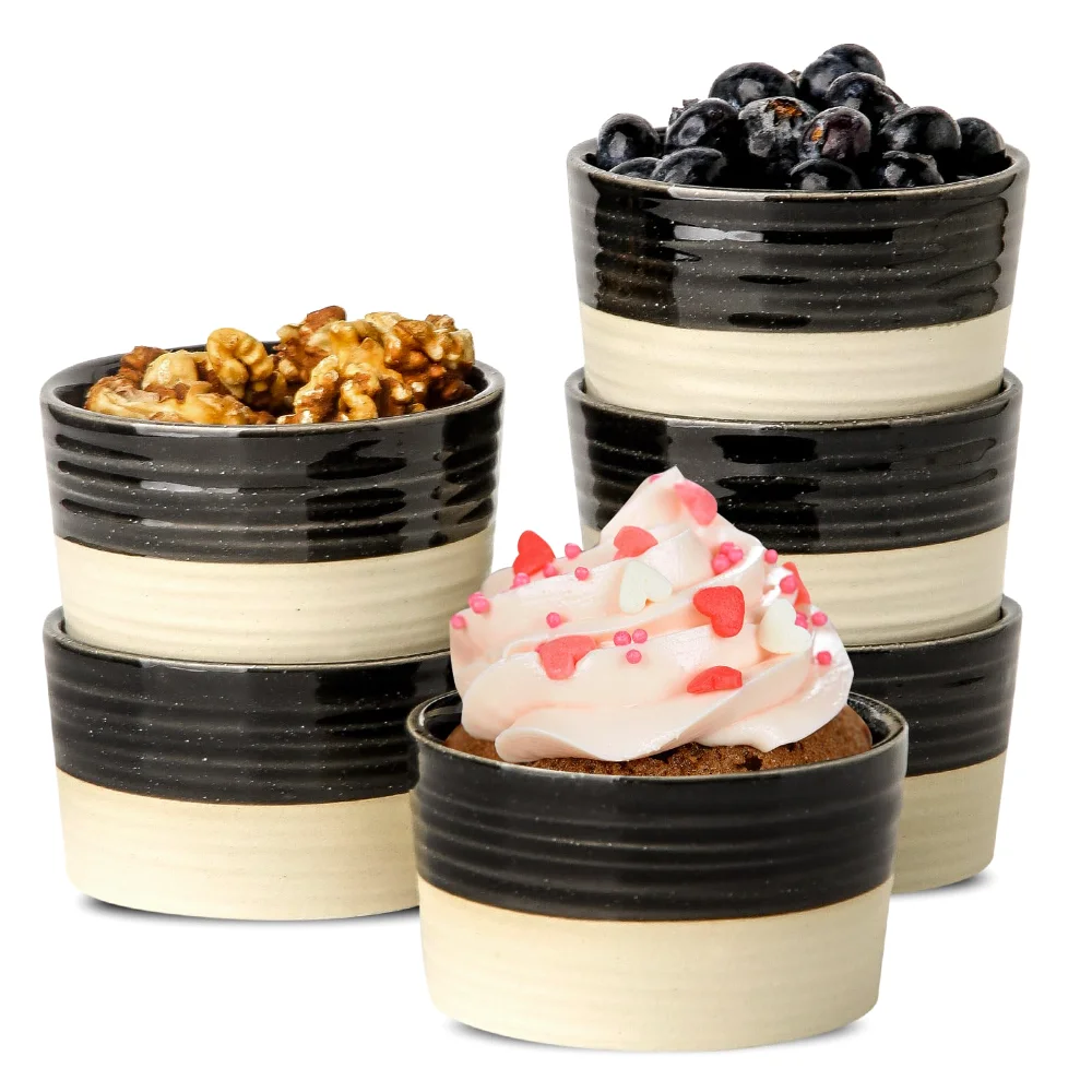 HASENSE Farmhouse Ramekins (Set of 6), 6 oz, Black