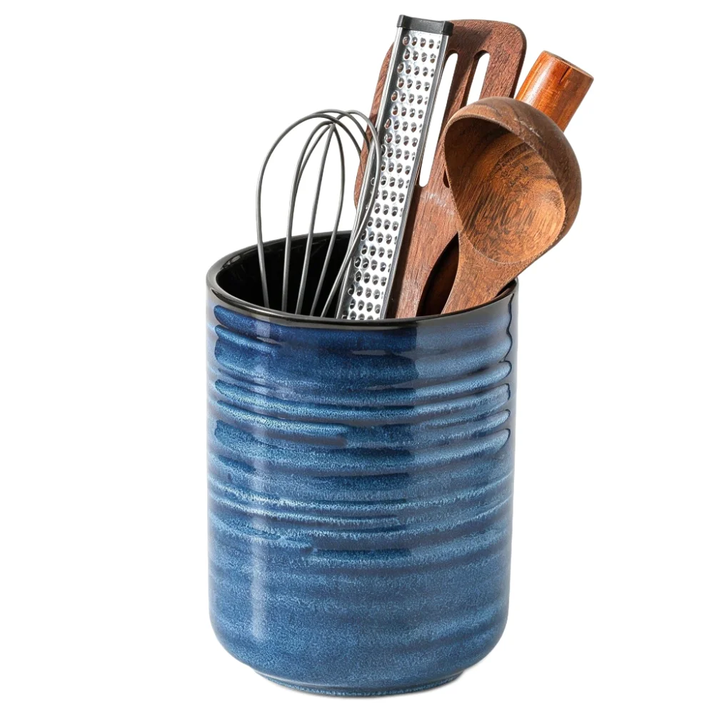 HASENSE Farmhouse Utensil Crock, 7.4 in, Navy