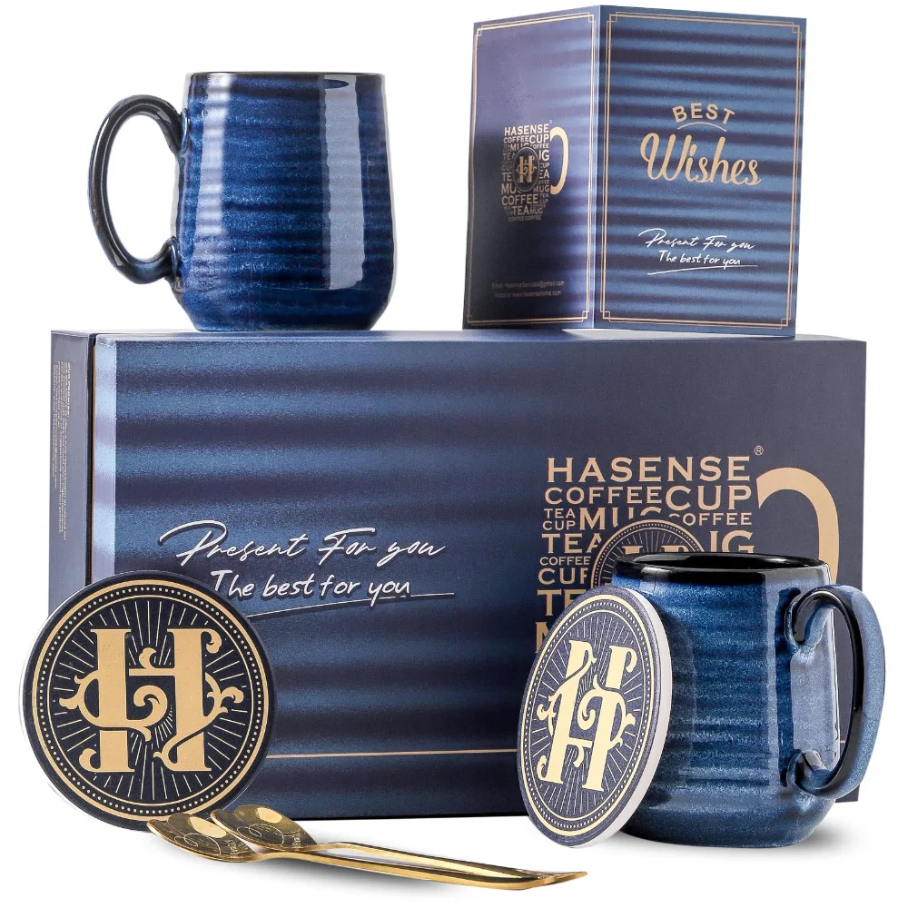 HASENSE Reactive Glaze Coffee Mugs, Blue