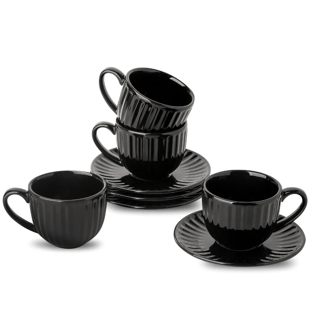 HASENSE Ribbed Espresso Cups & Saucers (Set of 4), 4 oz, Black