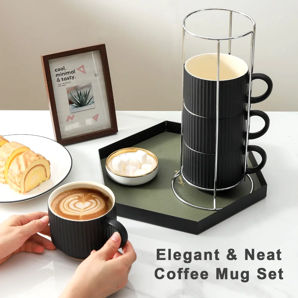 HASENSE Embossed Butter Dish & Mug Bundle (Set of 5), 15 oz, Black
