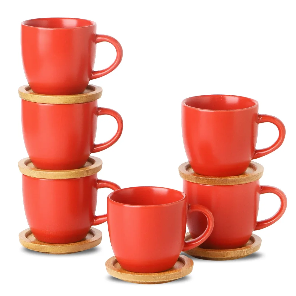 HASENSE Espresso Cups & Saucers (Set of 6), 3.5 oz, Red