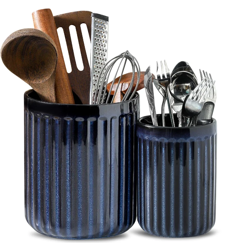 HASENSE Farmhouse Utensil Crock (Set of 2), 7.3 in, Navy Blue