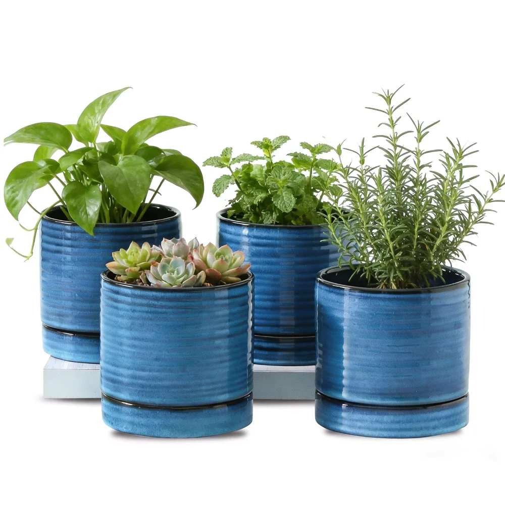 HASENSE Reactive Glaze Plant Pot (Set of 4), 4.6 in, Blue