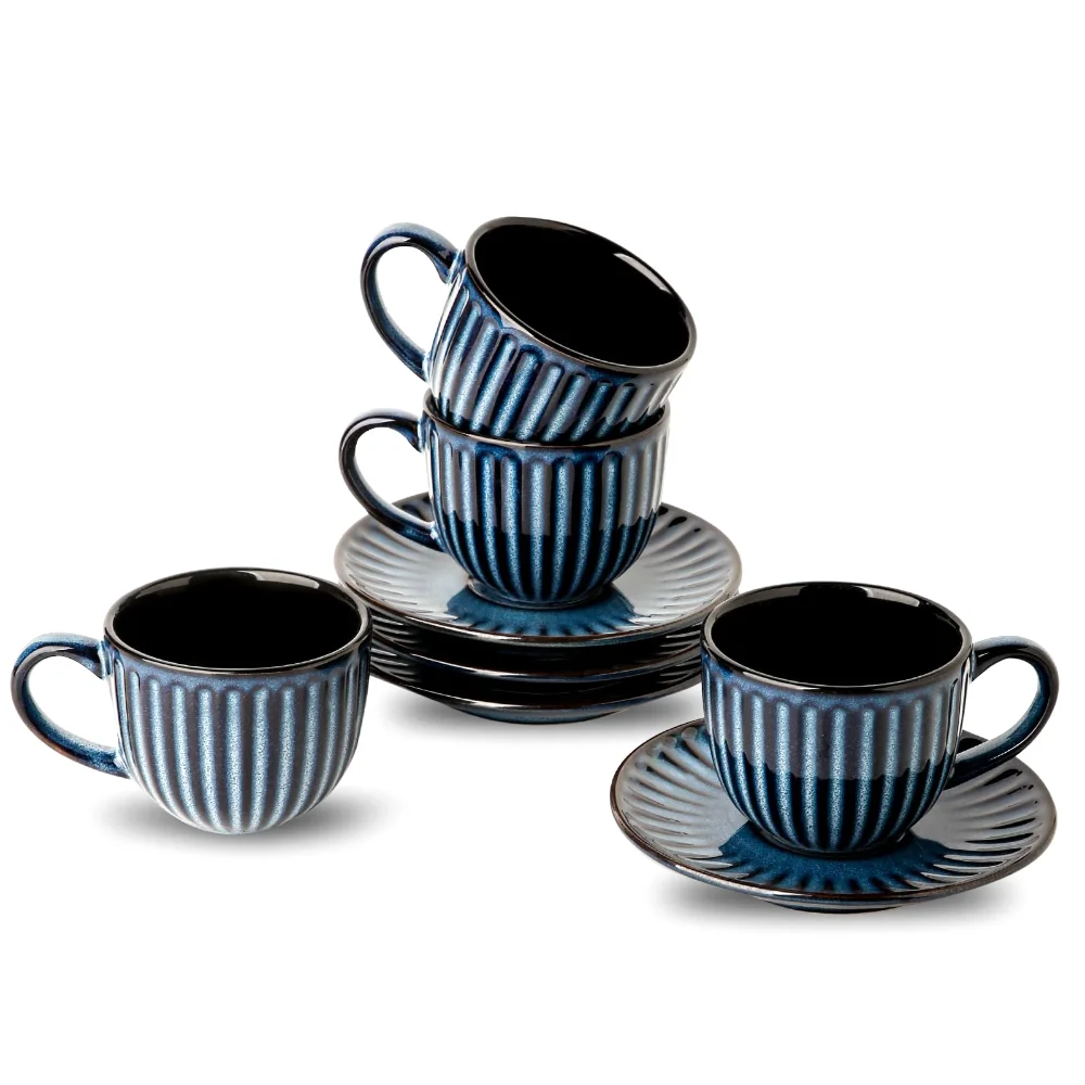 HASENSE Ribbed Espresso Cups & Saucers (Set of 4), 4 oz, Blue
