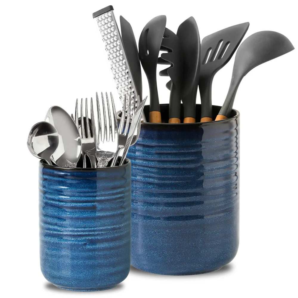 HASENSE Utensil Crock (Set of 2), 7.4 in, Navy Blue