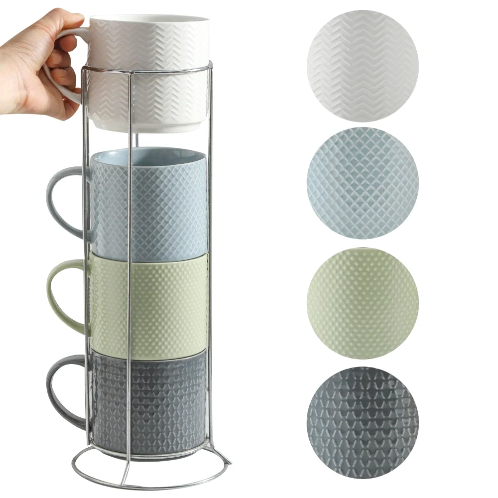 HASENSE Embossed Mug Set with Stand, 15 oz, Multicolor
