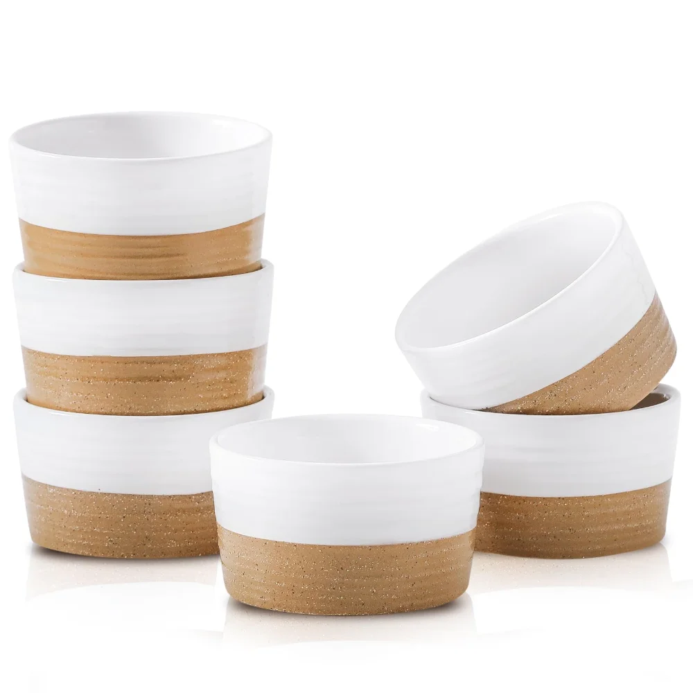 HASENSE Farmhouse Ramekins (Set of 6), 6 oz, White