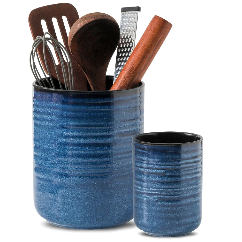 HASENSE Farmhouse Utensil Crock (Set of 2), 7.4 in, Blue