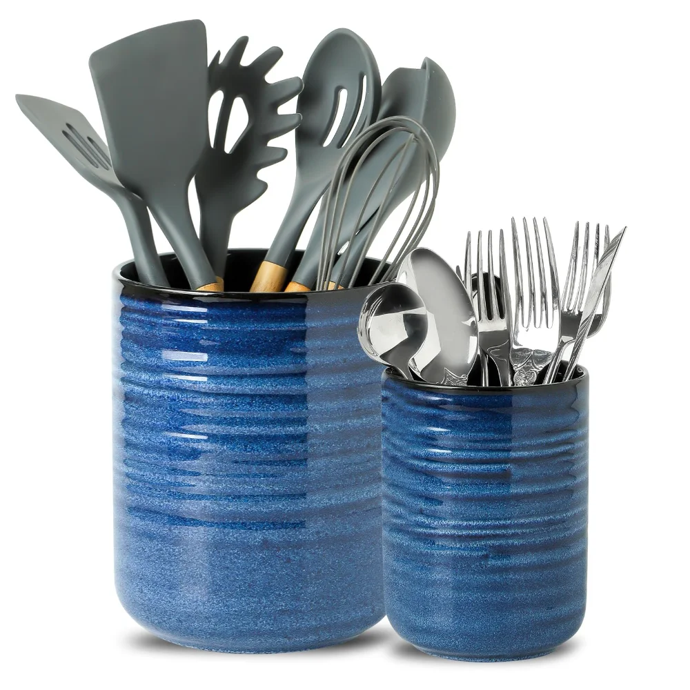 HASENSE Farmhouse Utensil Crock (Set of 2), 7.4 in, Navy