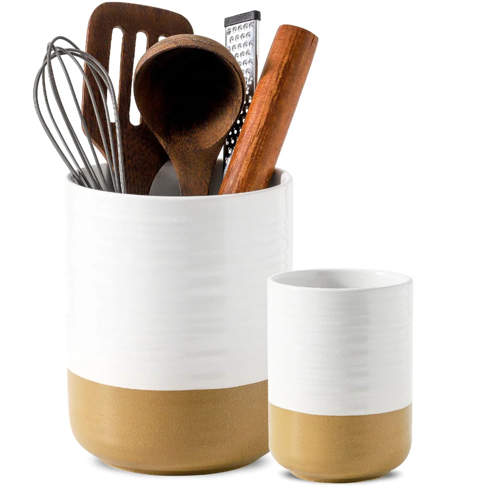 HASENSE Farmhouse Utensil Crock (Set of 2), 7.4 in, White