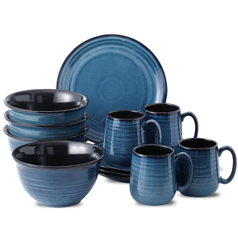 HASENSE Reactive Glaze Plate & Bowl Bundle (Set of 12), Blue