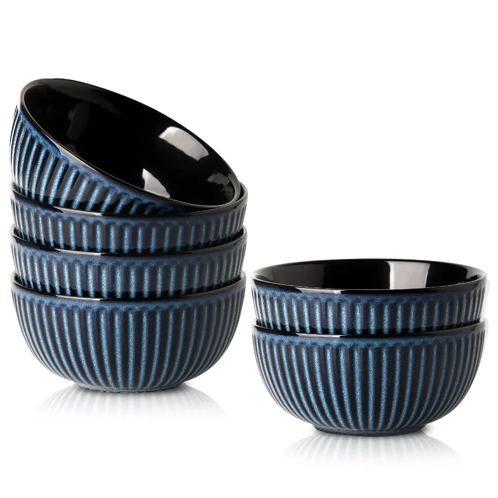 HASENSE Ribbed Cereal Bowls (Set of 6), 24 oz, Blue