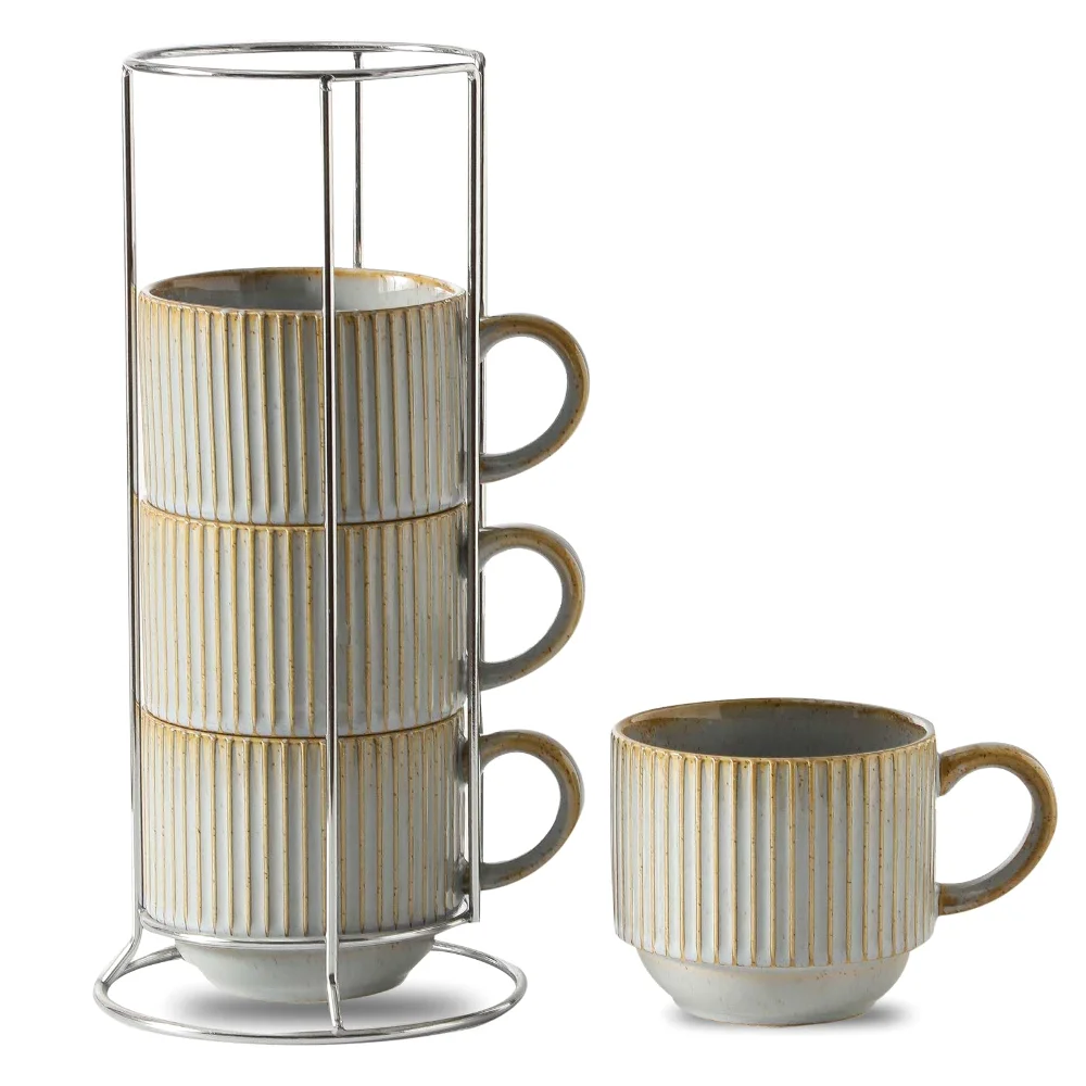 HASENSE Ribbed Mug Set with Stand (Set of 4), 15 oz, Lavender Gray