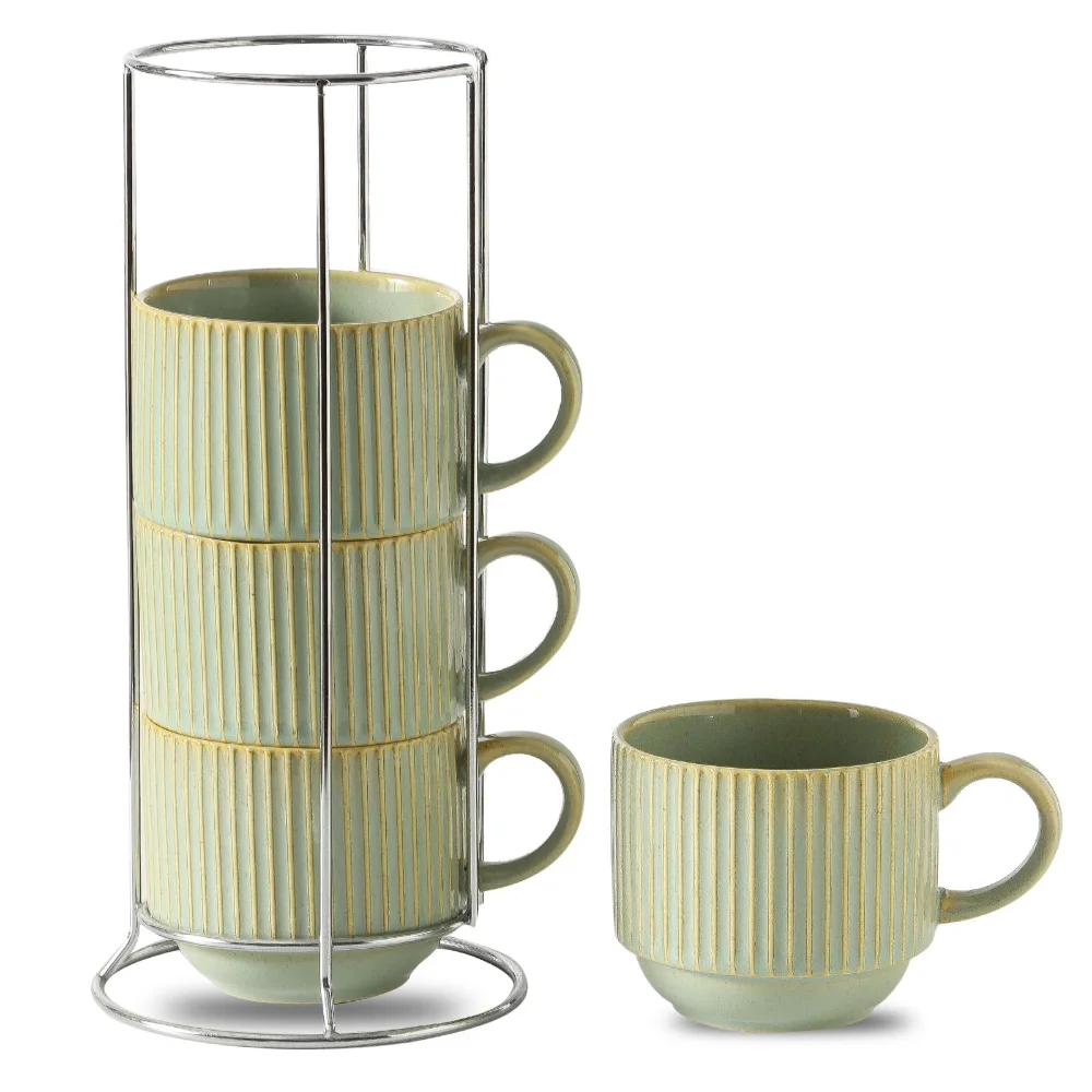 HASENSE Ribbed Mug Set with Stand (Set of 4), 15 oz, Sage Green