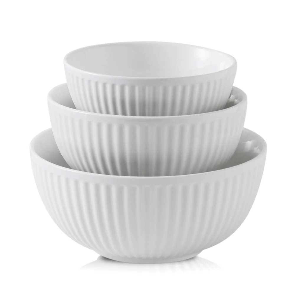 HASENSE Ribbed Serving Bowls (Set of 3), White