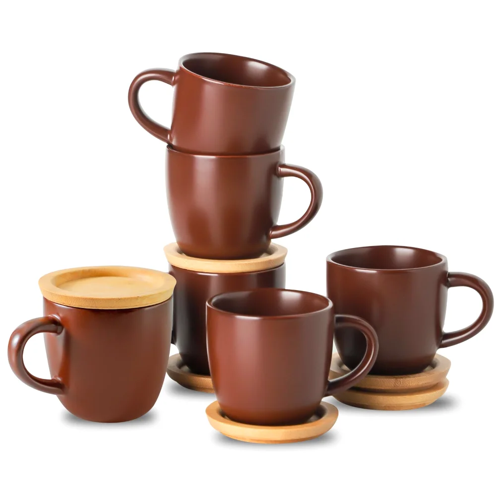 HASENSE Stackable Espresso Cups & Saucers (Set of 6), 4 oz, Brown