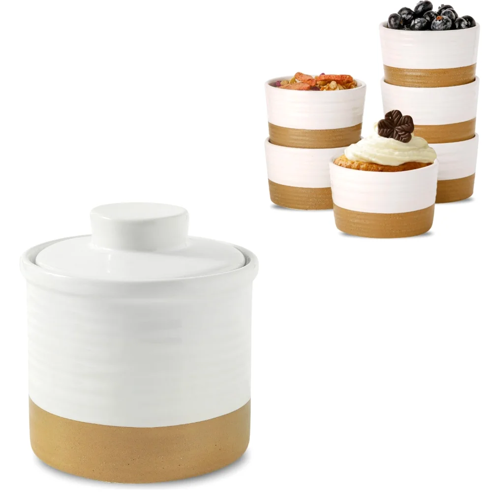 HASENSE Butter Dish & Ramekin Bundle, White