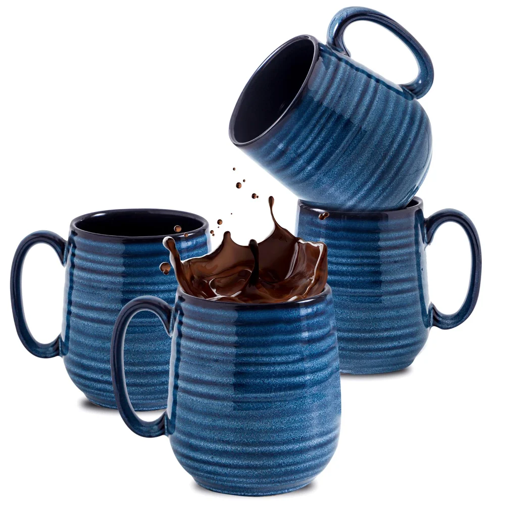 HASENSE Coffee Mugs (Set of 4), 15 oz, Blue