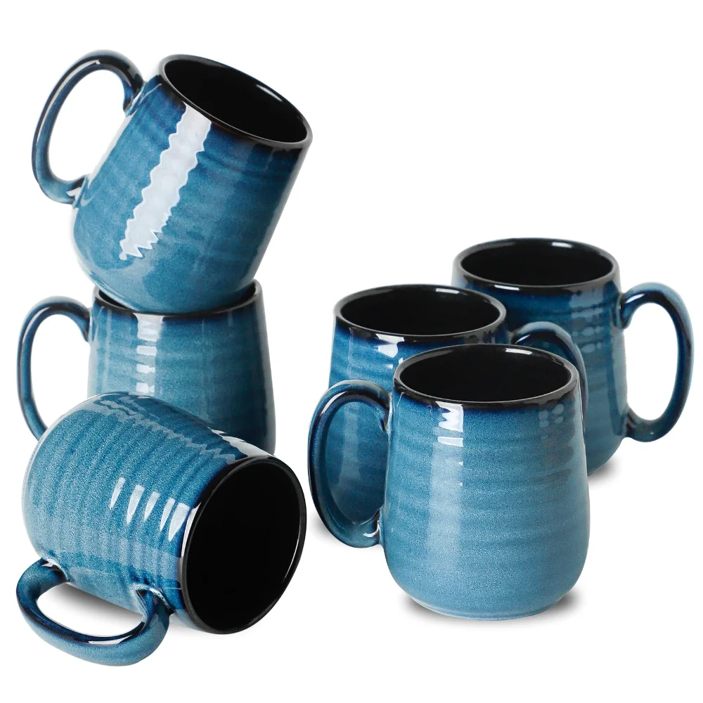 HASENSE Coffee Mugs (Set of 6), 15 oz, Navy