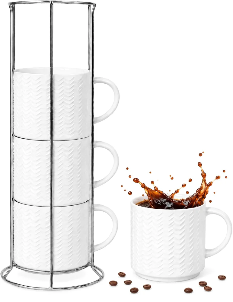 HASENSE Embossed Mug Set with Stand (Set of 4), 12 oz, White