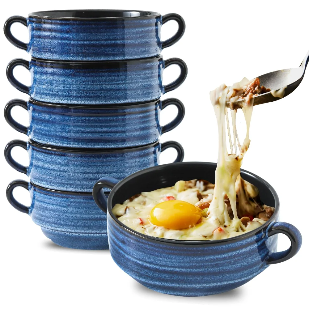 HASENSE Farmhouse French Onion Soup Bowls (Set of 6), 20 oz, Blue