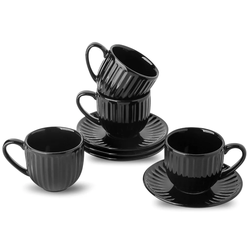 HASENSE Ribbed Espresso Cup & Mug Bundle (Set of 4), 8 oz, Black