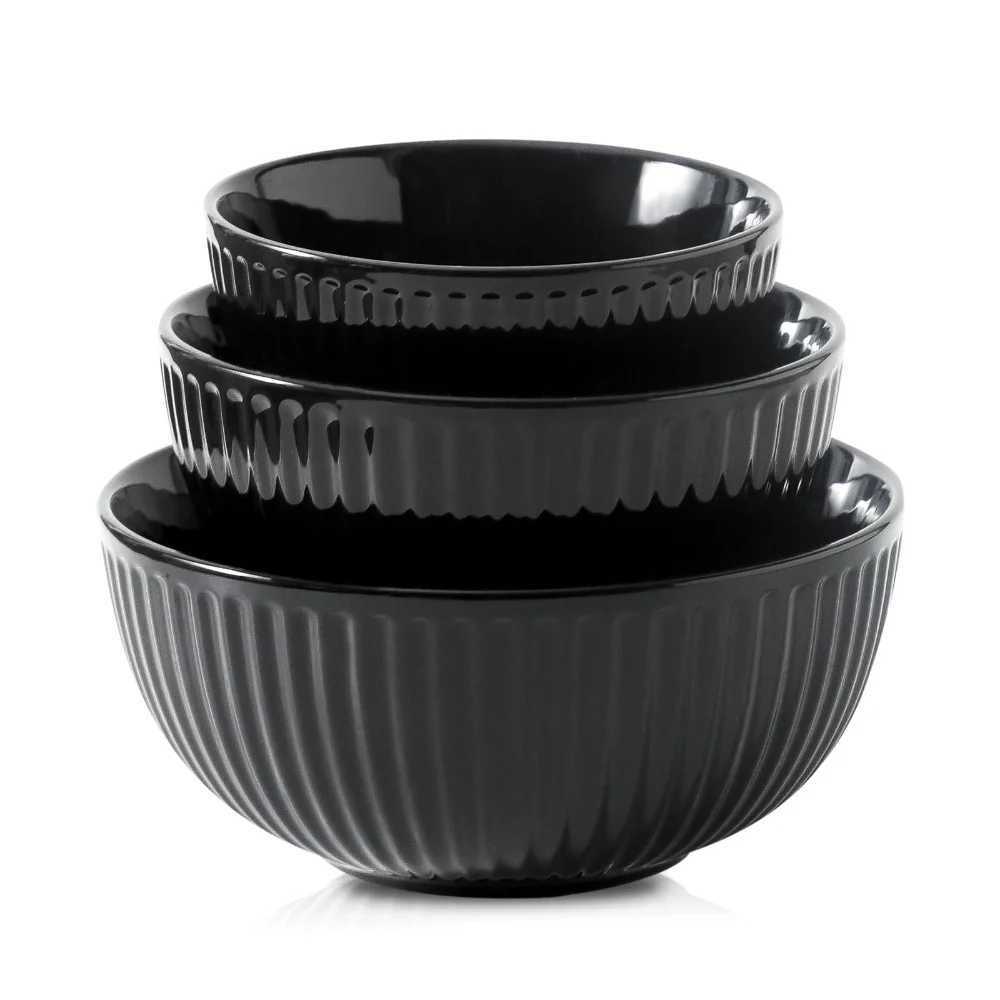 HASENSE Ribbed Serving Bowls (Set of 3), Black