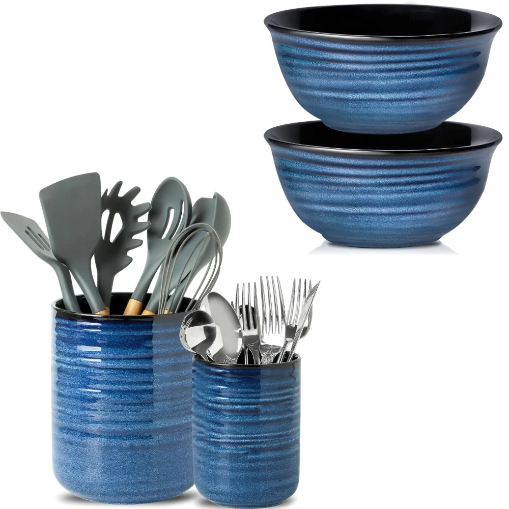 HASENSE Utensil Crock & Bowl Bundle, Blue