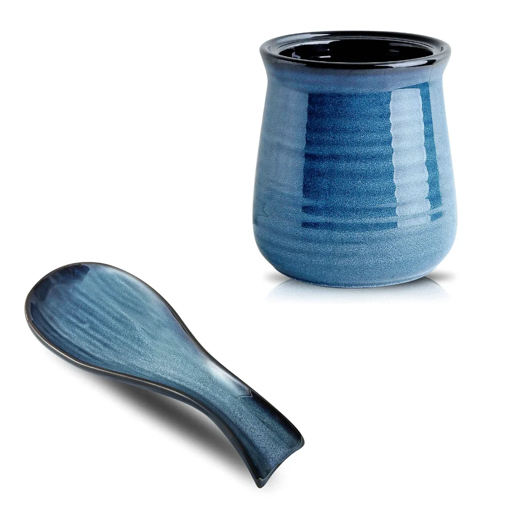 HASENSE Utensil Crock & Spoon Rest Bundle, Navy